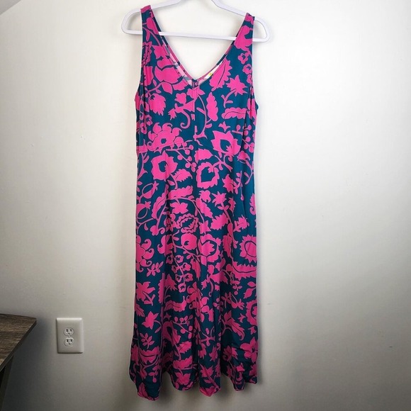 Boden Floral Midi Dress Sleeveless‎ V Neck Pink Teal Women's US 12 - Picture 2 of 6